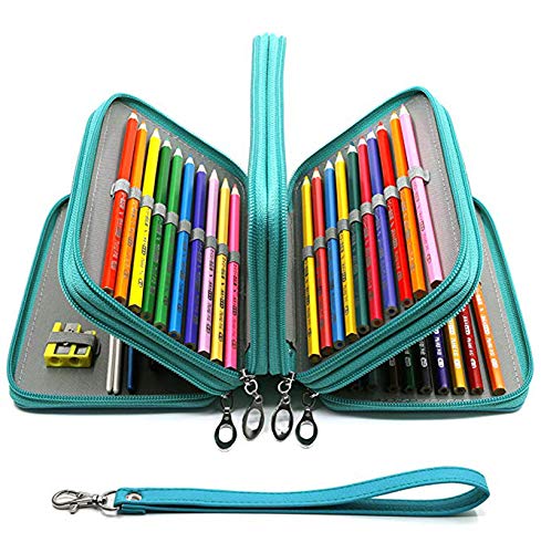 YOUSHARES 72 Slots Pencil Case - PU Leather Handy Multi-layer Large Zipper Pen Bag with Handle Strap for Colored / Watercolor Pencil (Turquoise)