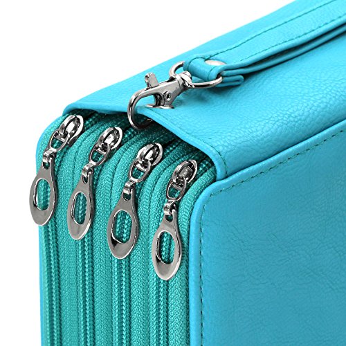 YOUSHARES 72 Slots Pencil Case - PU Leather Handy Multi-layer Large Zipper Pen Bag with Handle Strap for Colored / Watercolor Pencil (Turquoise)