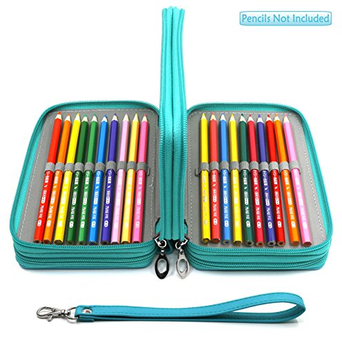 YOUSHARES 72 Slots Pencil Case - PU Leather Handy Multi-layer Large Zipper Pen Bag with Handle Strap for Colored / Watercolor Pencil (Turquoise)