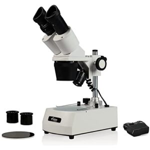 vision scientific vms0002-ld-234-es2 binocular stereo microscope, wf10x and wf20x eyepieces, 2x, 3x and 4x objectives, 20x, 30x, 50x, 60x and 80x magnification, top and bottom led illumination, 110v