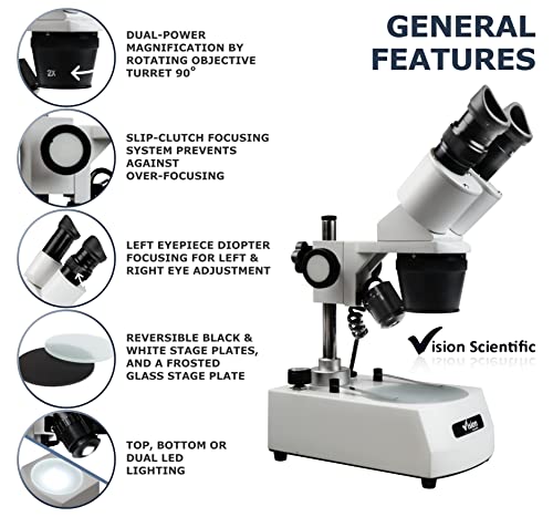 Vision Scientific VMS0002-LD-234-ES2 Binocular Stereo Microscope, WF10x and WF20x Eyepieces, 2X, 3X and 4X Objectives, 20x, 30x, 50x, 60x and 80x Magnification, Top and Bottom LED Illumination, 110V