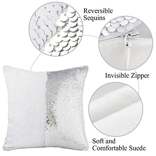 Play Tailor Sequin Pillow Cover Cushion Covers 16x16in Flip Sequins Decorative Throw Pillow Case, Silver and White