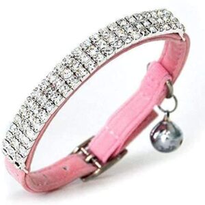 CHUKCHI Soft Velvet Safe Cat Adjustable Collar Bling Diamante with Bells,11 inch for Small Dogs and Cats (Pink)