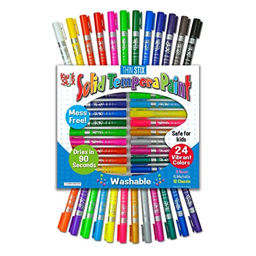 The Pencil Grip Kwik Stix Solid Tempera Paints, Thin Stix Paint Pens, Super Quick Drying, 6 Neon, 6 Metalix & 12 Classic Vibrant Colors - 24 Pack - TPG-620