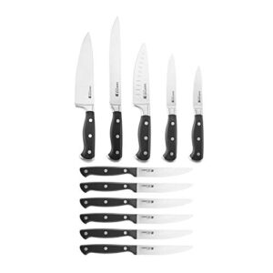 Sabatier Self-Sharpening 12-piece Forged Triple Rivet Knife Block Set with Edgekeeper Technology, High-Carbon Stainless Steel Kitchen Knives, Razor-Sharp Knife Set with Wood Block, Black