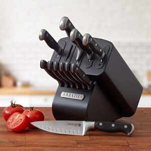 Sabatier Self-Sharpening 12-piece Forged Triple Rivet Knife Block Set with Edgekeeper Technology, High-Carbon Stainless Steel Kitchen Knives, Razor-Sharp Knife Set with Wood Block, Black