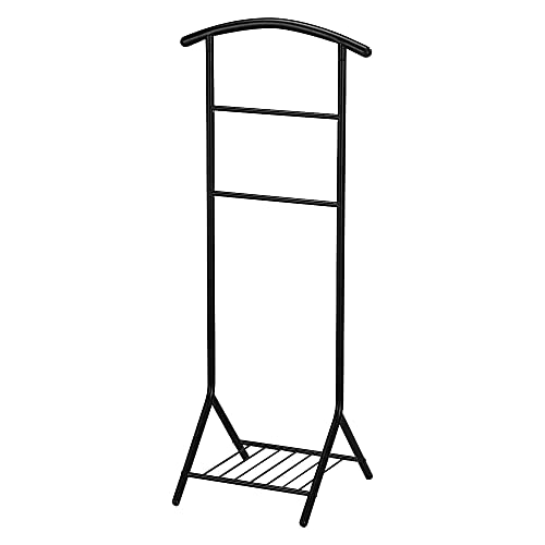 Pilaster Designs Traditional Fairyn Black Metal Cloth, Coat, Suit & Hat Valet Stand Organizer Rack With Storage Shelf