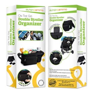 Ethan & Emma Double Stroller Organizer with Cup Holders - Fits Both Single & Double Strollers - Secured Fit & Extra Storage - Universal Stroller Organizer and Stroller Accessory Black