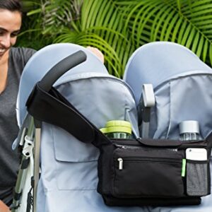 Ethan & Emma Double Stroller Organizer with Cup Holders - Fits Both Single & Double Strollers - Secured Fit & Extra Storage - Universal Stroller Organizer and Stroller Accessory Black