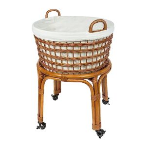 kouboo rolling wicker laundry basket, handwoven wicker hamper with removable cotton liner, stand, & locking caster wheels, honey brown