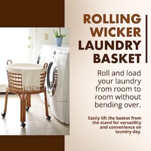KOUBOO Rolling Wicker Laundry Basket, Handwoven Wicker Hamper with Removable Cotton Liner, Stand, & Locking Caster Wheels, Honey Brown