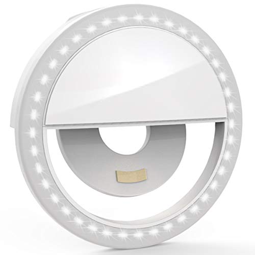 Auxiwa Clip on Selfie Ring Light [Rechargeable Battery] with 36 LED for Smart Phone Camera Round Shape, White