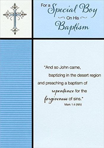 Designer Greetings Blue Stripes and Silver Foil Cross: Special Boy Baptism Card