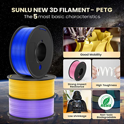 PETG 2500g 3D Printer Filament Bundle Multicolor, SUNLU Strong PETG Filament 1.75mm, Neatly Wound Filament 2.5kg, 250g Spool, 10 Pack, Black+White+Grey+Blue+Red+Purple+Pink+Cyan+Coffee+Transparent