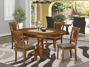 east west furniture 5 pc set portland dining table having 18 inch leaf and 4 cushiad kitchen chairs in saddle brown