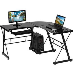 l shaped computer desk,gaming desk home office corner desk toughened glass writing study pc modern executive table with keyboard cpu stand for kids student women men