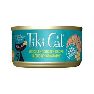 tiki cat luau shredded meat, succulent chicken recipe in chicken consumme, grain-free balanced nutrition wet canned cat food, for all life stages, 2.8 oz. cans (case of 12)