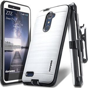 covrware [iron tank] case compatible with zte zmax pro/zte carry, with built-in [screen protector] full-body rugged holster armor case [brushed metal texture design][belt clip][kickstand], white