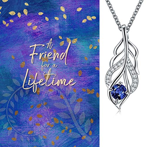 Smiling Wisdom - Friendship - Reason Season Lifetime Friend Greeting Card and Leaf Necklace Gift Set - Woman BFF (Blue Leaf - Silver)