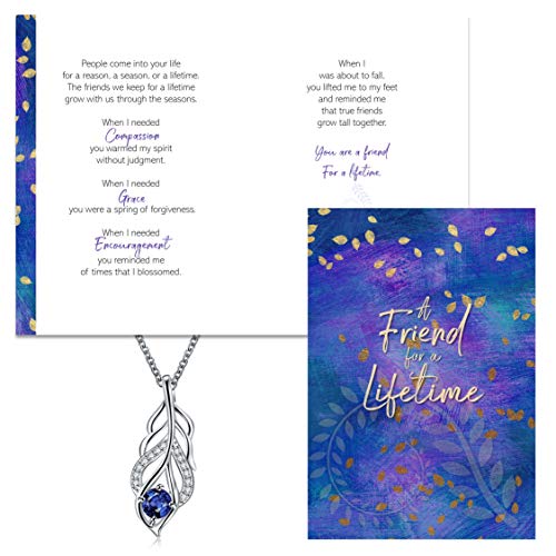 Smiling Wisdom - Friendship - Reason Season Lifetime Friend Greeting Card and Leaf Necklace Gift Set - Woman BFF (Blue Leaf - Silver)