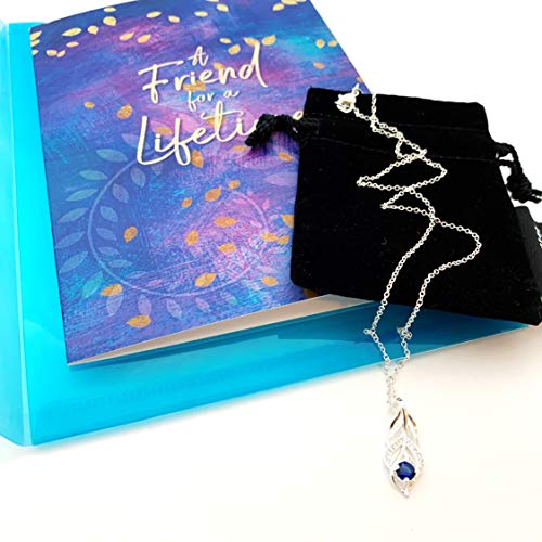 Smiling Wisdom - Friendship - Reason Season Lifetime Friend Greeting Card and Leaf Necklace Gift Set - Woman BFF (Blue Leaf - Silver)