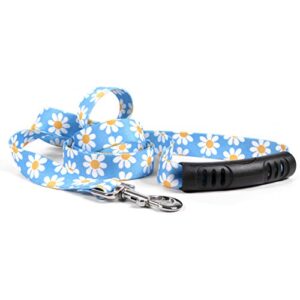 yellow dog design blue daisy ez-grip dog leash with comfort handle 1" wide and 5' (60") long, large