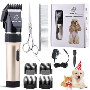 enjoy pet dog clippers cat shaver, professional hair grooming clippers detachable blades cordless rechargeable with guards, combs for dog cat small animal, quiet animal horse clippers (gold)