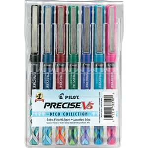 pilot precise v5 stick deco collection liquid ink rolling ball stick pens, extra fine point (0.5mm) assorted ink colors, 7-pack pouch (38810)