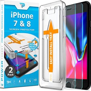 power theory designed for iphone 8 screen protector/iphone 7 screen protector tempered glass [9h hardness], easy install kit, 99% hd bubble free clear, case friendly, anti-scratch, 2 pack