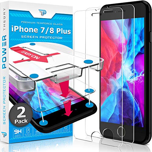 Power Theory Designed for iPhone 8 Plus Screen Protector/iPhone 7 Plus Screen Protector Tempered Glass [9H Hardness], Easy Install Kit, 99% HD Bubble Free Clear, Case Friendly, Anti-Scratch, 2 Pack