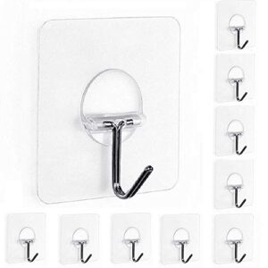 fealkira adhesive wall hooks 13.2lb(max) utility stainless steel hook for towel bathrobe coats,bathroom kitchen waterproof and oilproof nail free transparent heavy duty hook & ceiling hanger(10pcs)