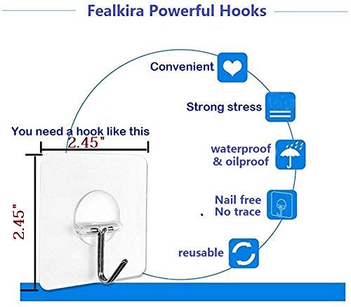 Fealkira Adhesive Wall Hooks 13.2lb(Max) Utility Stainless Steel Hook for Towel Bathrobe Coats,Bathroom Kitchen Waterproof and Oilproof Nail Free Transparent Heavy Duty Hook & Ceiling Hanger(10pcs)