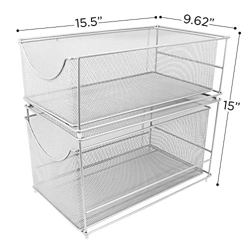 Sorbus® Cabinet Organizer Set —Mesh Storage Organizer with Pull Out Drawers—Ideal for Countertop, Cabinet, Pantry, Under the Sink, Desktop and More (Silver Two-Piece Set)