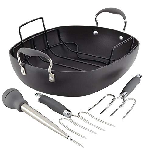 Anolon Advanced Hard Anodized Nonstick Roaster / Roasting Pan Set with Utensils - 16 Inch x 13 Inch, Gray