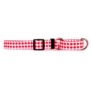 yellow dog design gingham red martingale dog collar 1" wide and fits neck 18 to 26", large