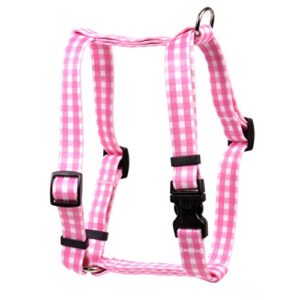 yellow dog design gingham pink roman style h dog harness, small/medium