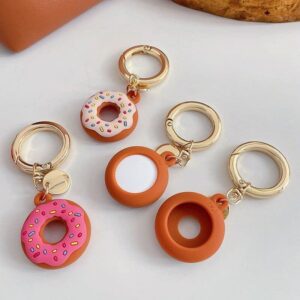 2 Pack Airtag Case Keychain Doughnut Silicone Apple Tracker Case Cover Cute 3D Donut Airtag Holder with Key Ring for Kids Grandma Dog Cat Pet Collar Beige & Pink