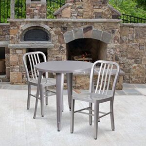 flash furniture craig commercial grade 30" round silver metal indoor-outdoor table set with 2 vertical slat back chairs
