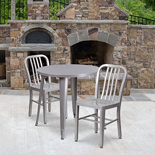 Flash Furniture Craig Commercial Grade 30" Round Silver Metal Indoor-Outdoor Table Set with 2 Vertical Slat Back Chairs