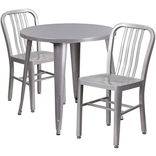 Flash Furniture Craig Commercial Grade 30" Round Silver Metal Indoor-Outdoor Table Set with 2 Vertical Slat Back Chairs