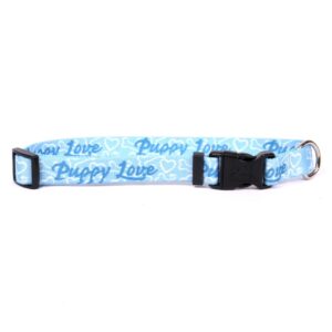 yellow dog design puppy love blue dog collar, teacup-3/8 wide and fits neck sizes 4 to 9", (plb101)