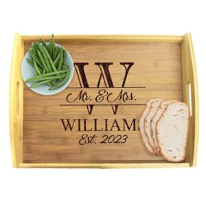 engraved wooden serving platter tray with handles - personalized and custom monogrammed