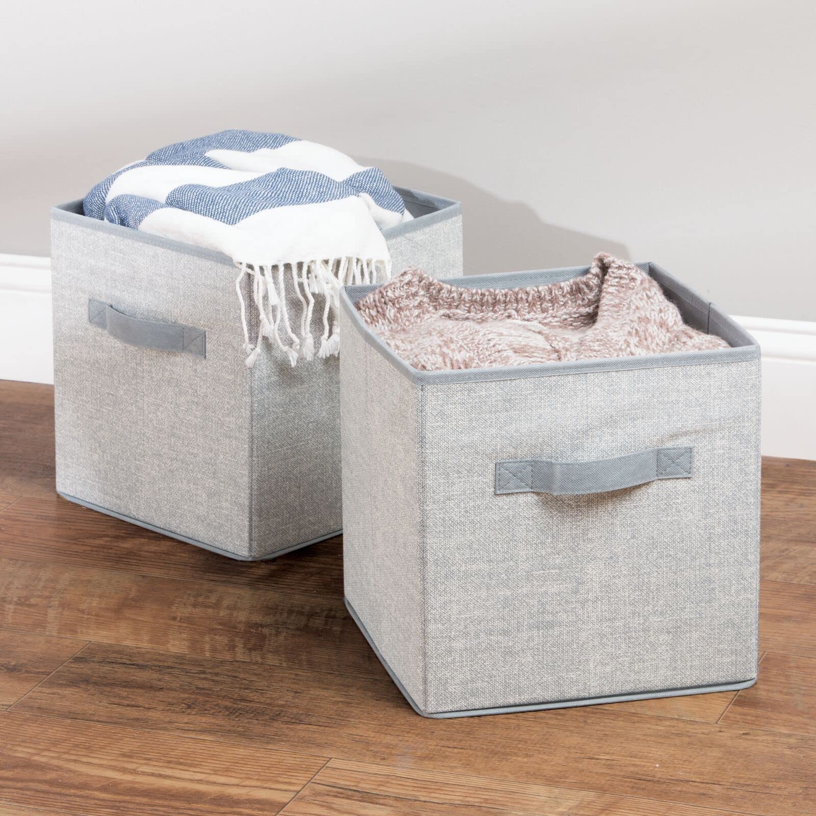 mDesign Small Fabric Collapsible Organizer Cube Bin Box with Front Handle for Cube Furniture Units, Closet or Bedroom Storage, Holds Clothing, Linens, Accessories - Lido Collection - 2 Pack - Gray