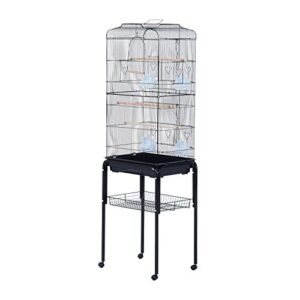 pawhut 60" metal indoor bird cage starter kit with detachable rolling stand, storage basket, and accessories, black