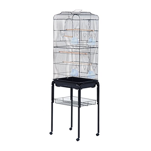 PawHut 60" Metal Indoor Bird Cage Starter Kit with Detachable Rolling Stand, Storage Basket, and Accessories, Black