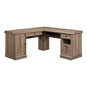 bowery hill antique look home office l-shaped computer desk with cpu tower in salt oak