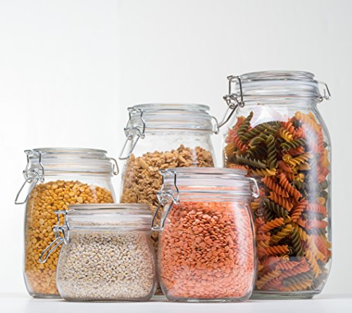 HomEquip 5-Piece Airtight Canister Set with Clip Top Lids (Clear Glass): Kitchen Preserving Storage Jars - Great Dry Food Pantry Containers for Pasta, Cereal, Cookies, Sugar, Flour, Coffee & Tea