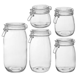 HomEquip 5-Piece Airtight Canister Set with Clip Top Lids (Clear Glass): Kitchen Preserving Storage Jars - Great Dry Food Pantry Containers for Pasta, Cereal, Cookies, Sugar, Flour, Coffee & Tea