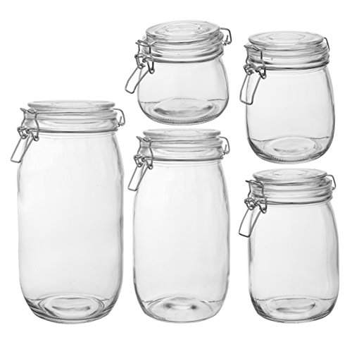 HomEquip 5-Piece Airtight Canister Set with Clip Top Lids (Clear Glass): Kitchen Preserving Storage Jars - Great Dry Food Pantry Containers for Pasta, Cereal, Cookies, Sugar, Flour, Coffee & Tea