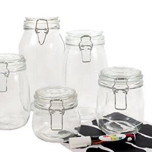 HomEquip 5-Piece Airtight Canister Set with Clip Top Lids (Clear Glass): Kitchen Preserving Storage Jars - Great Dry Food Pantry Containers for Pasta, Cereal, Cookies, Sugar, Flour, Coffee & Tea